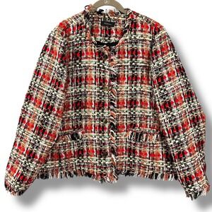 Halogen Tweed Fringe Jacket Multi-Color Red Black Blue 4 Button XXL/1X